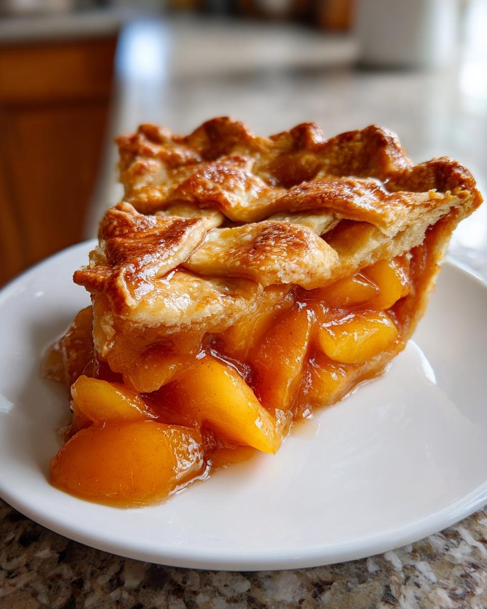 Close-up of a thick slice of Fresh Peach Pie Recipe with golden lattice crust and juicy filling.