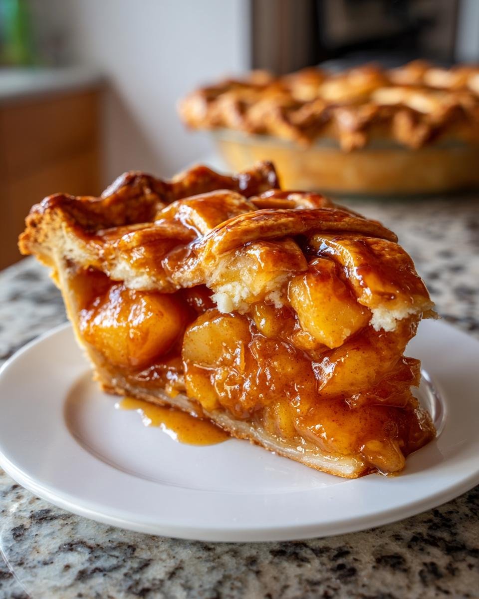 Close-up of a gooey slice of Fresh Peach Pie Recipe with a lattice crust, served on a white plate.