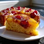 A close-up of a slice of moist Pineapple Upside Down Cake topped with caramelized pineapple rings and bright red maraschino cherries.