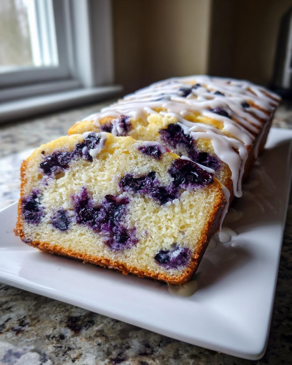 Close-up of a sliced loaf cake, likely a Swirled Blackberry Lavender Sheet Cake variation, showing blueberries baked in and drizzled with white glaze.