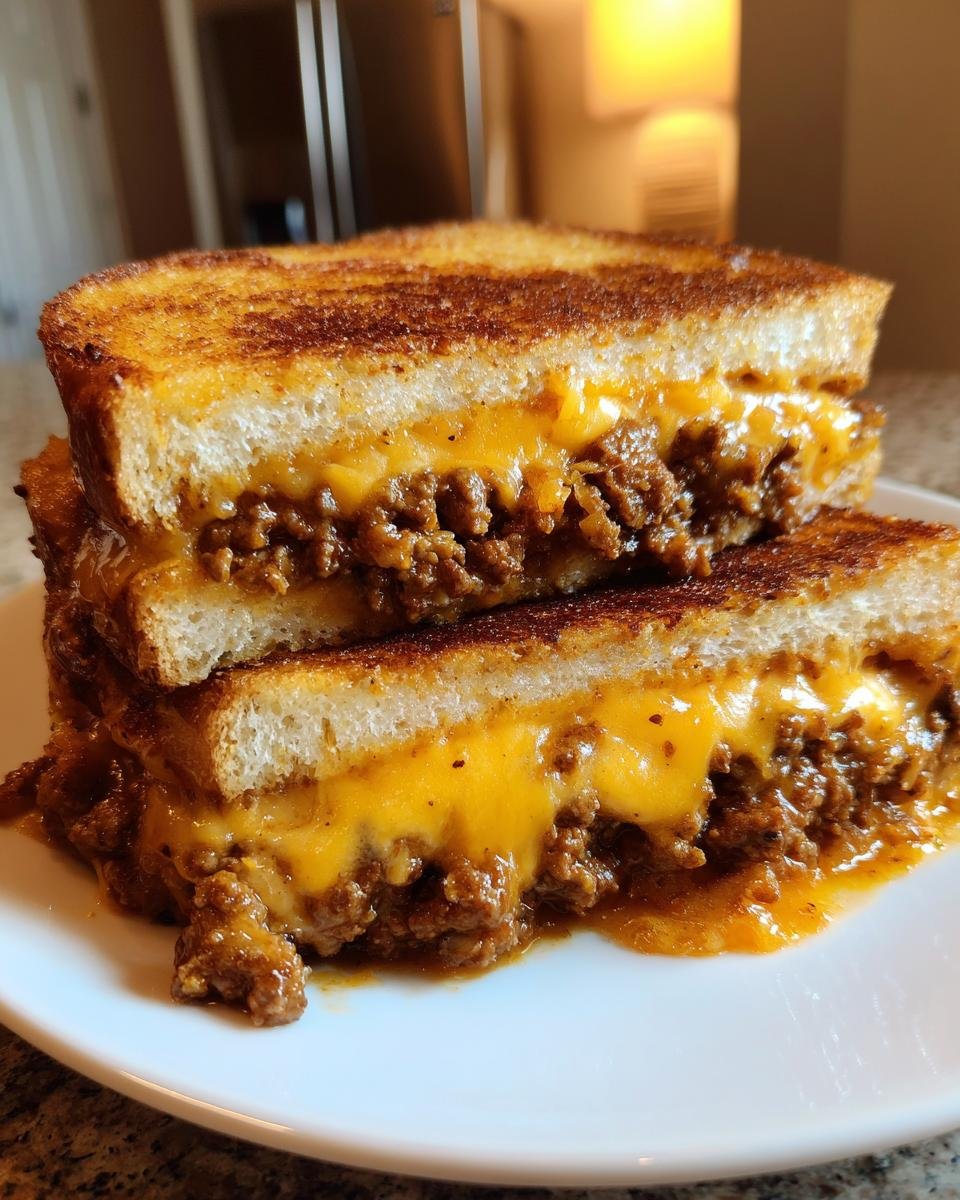 Close-up of a Sloppy Joe Grilled Cheese sandwich cut in half, showing melted cheddar cheese oozing over savory meat filling.