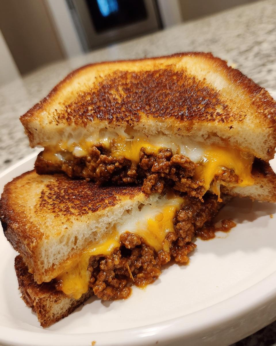 Close-up of a Sloppy Joe Grilled Cheese sandwich cut in half, showing melted cheese oozing over the savory meat filling.