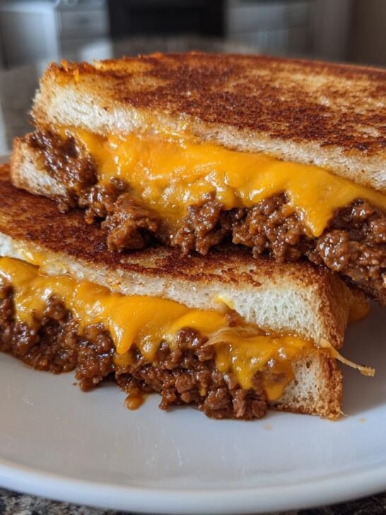 Close-up of a Sloppy Joe Grilled Cheese sandwich cut in half, showing melted cheddar cheese oozing over savory ground beef filling.
