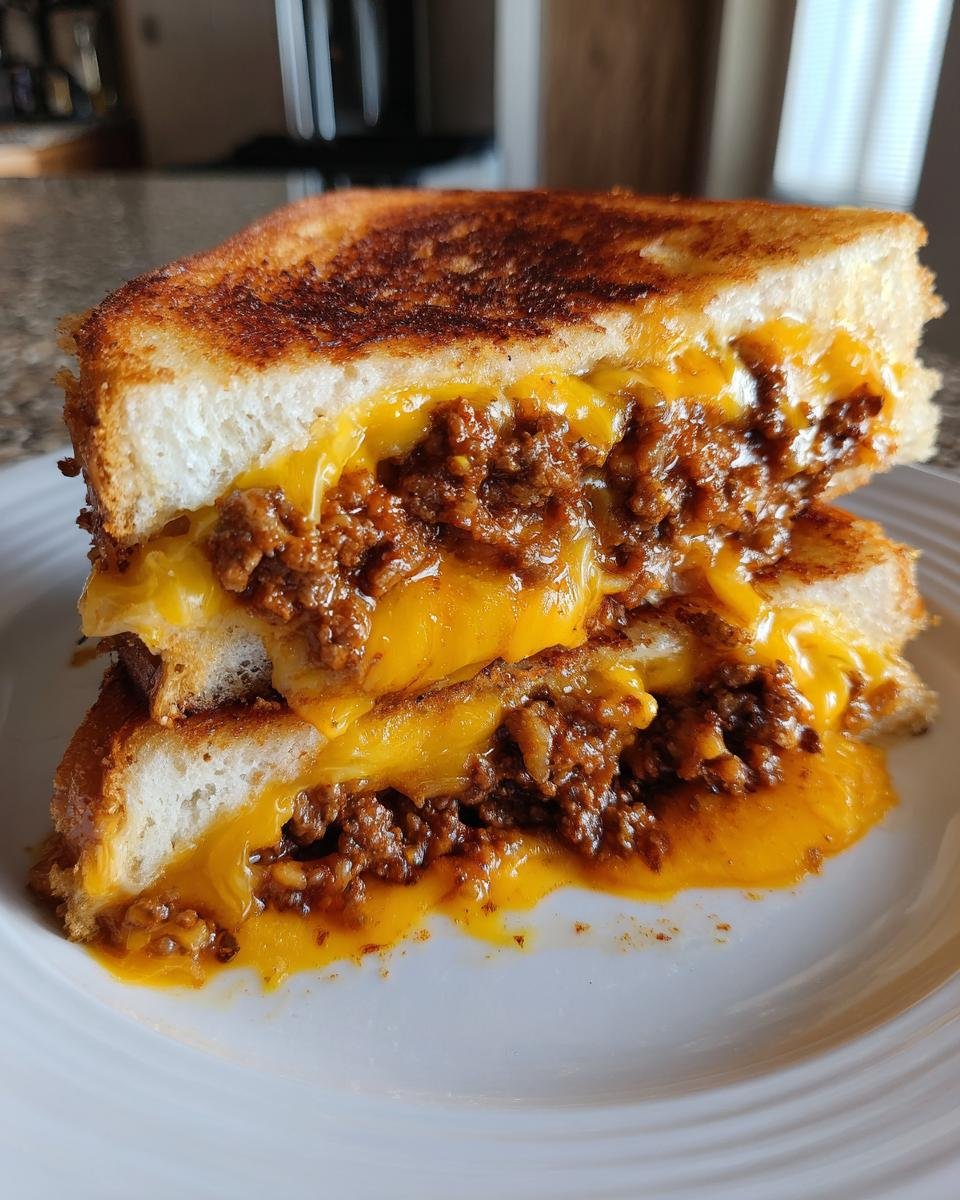 Close-up of a Sloppy Joe Grilled Cheese sandwich cut in half, showing melted cheese and meaty filling.