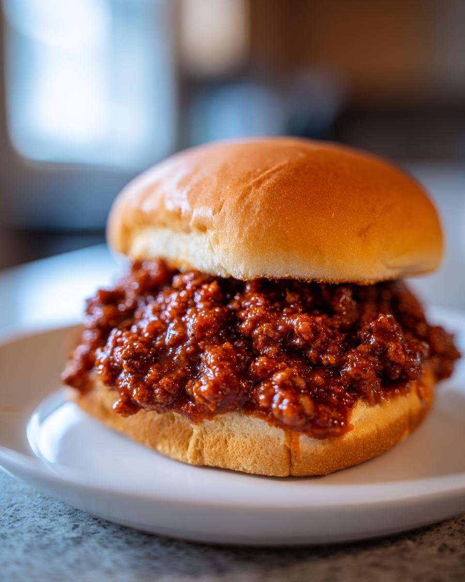 A close-up of a delicious Sloppy Joe Recipe Easy piled high with savory meat sauce on a toasted hamburger bun.