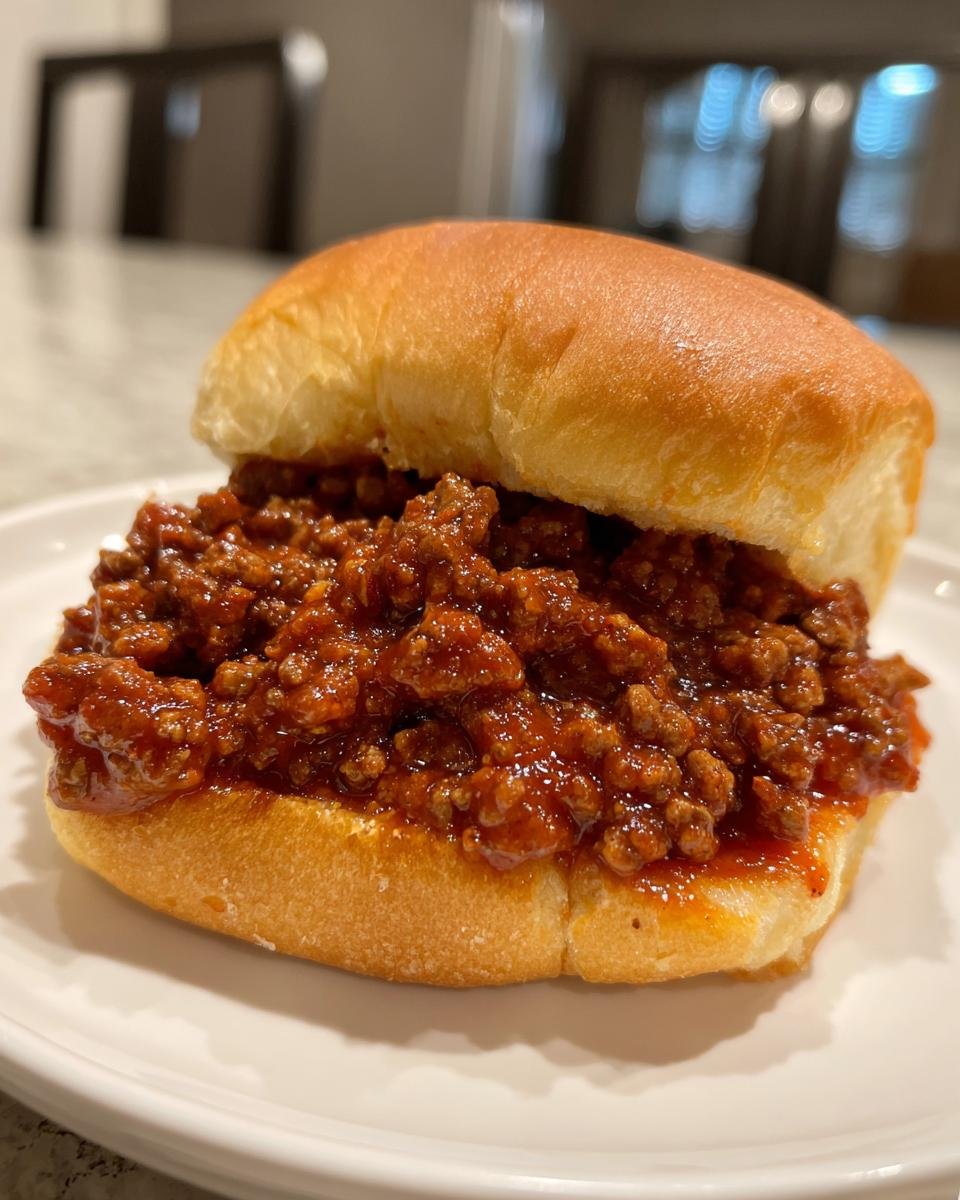 A close-up of a classic Sloppy Joe Recipe Easy served on a soft, toasted bun, filled with saucy ground meat.