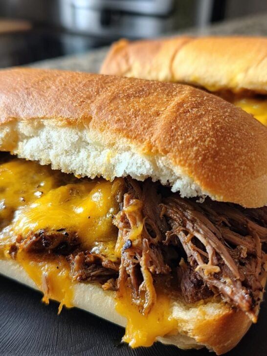Close-up of two Slow Cooker Beef Cheddar Sandwiches filled with shredded beef and melted cheddar cheese on hoagie rolls.