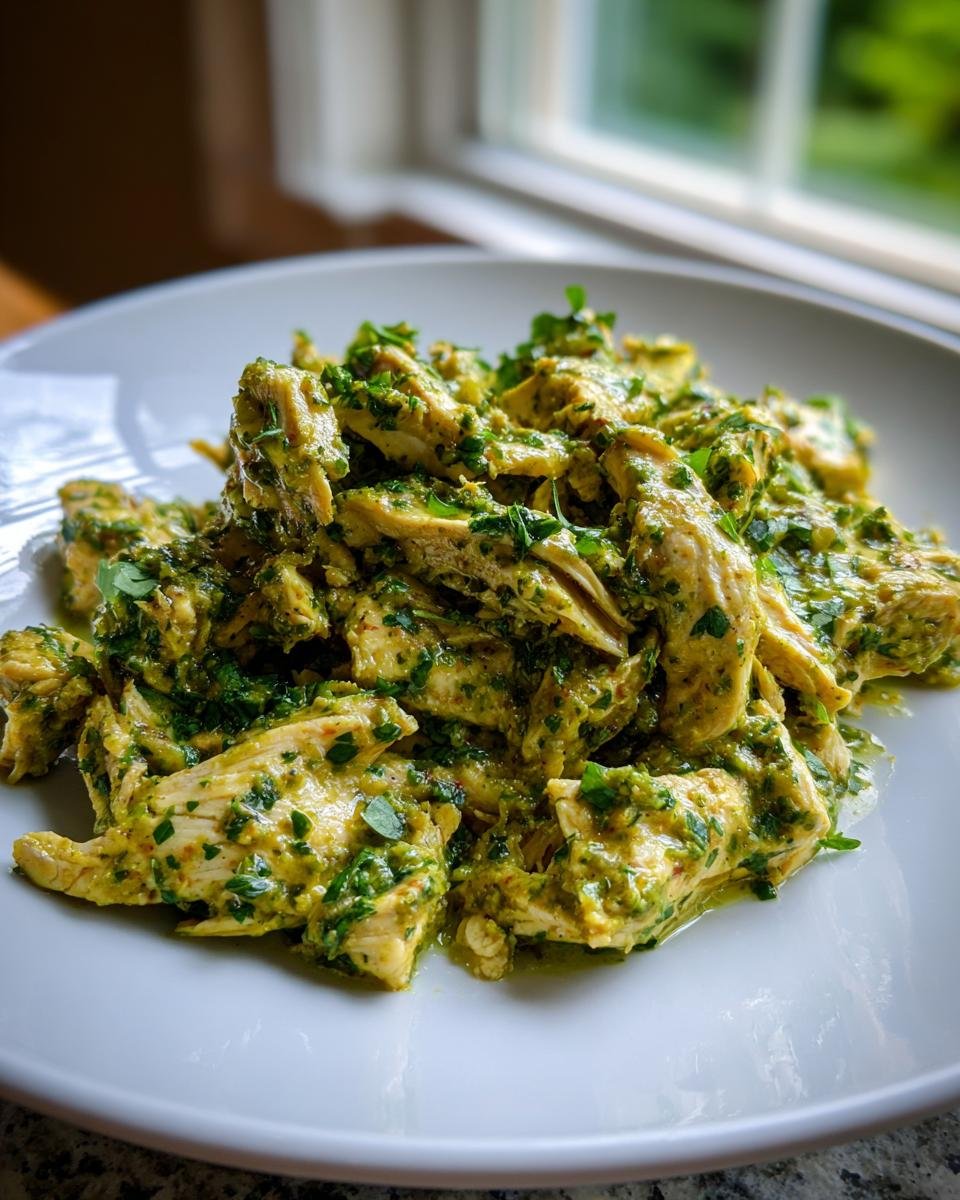 Shredded Slow Cooker Cilantro Lime Chicken coated in a vibrant green cilantro-lime sauce, served on a white plate.