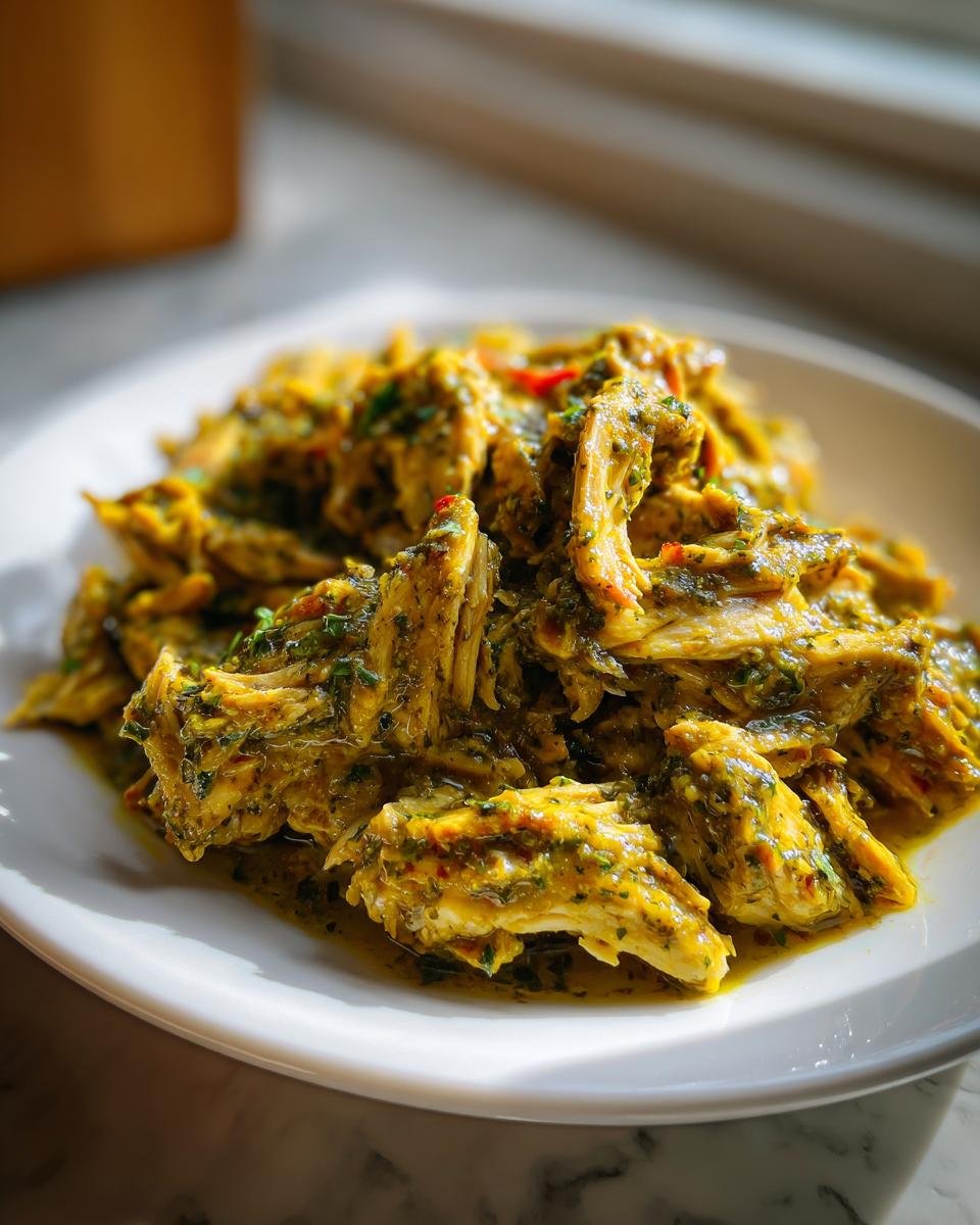 A close-up of shredded Slow Cooker Cilantro Lime Chicken coated in a vibrant green and yellow sauce, served on a white plate.
