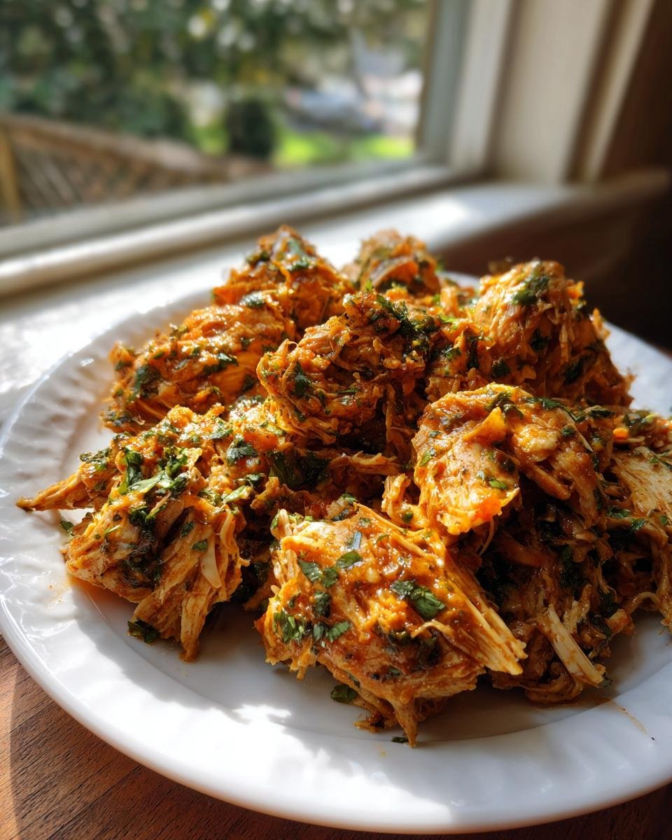 A close-up of shredded Slow Cooker Cilantro Lime Chicken coated in sauce and topped with fresh cilantro on a white plate.