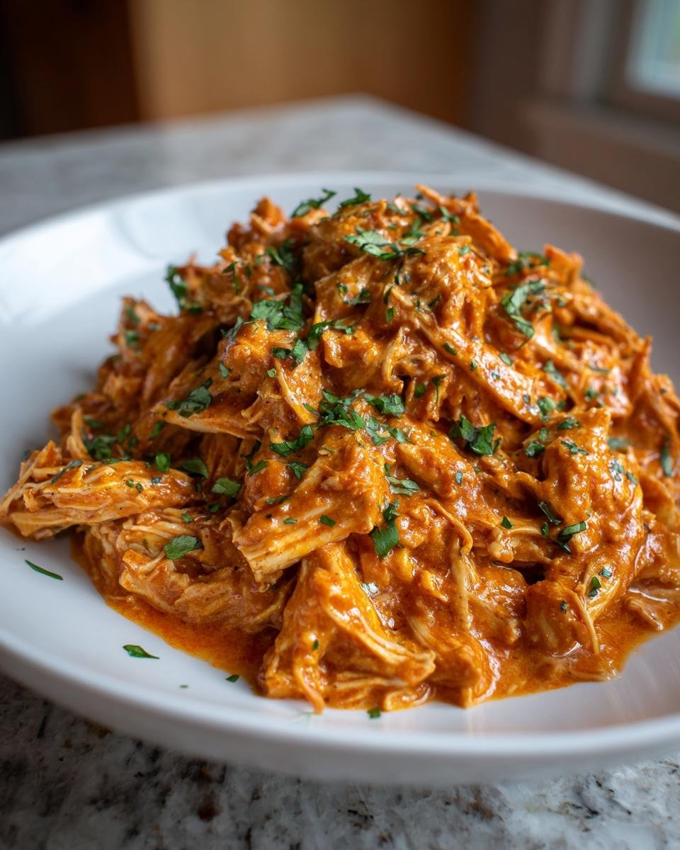 A close-up of shredded Slow Cooker Creamy Tomato Basil Chicken served in a white bowl, topped with fresh parsley.