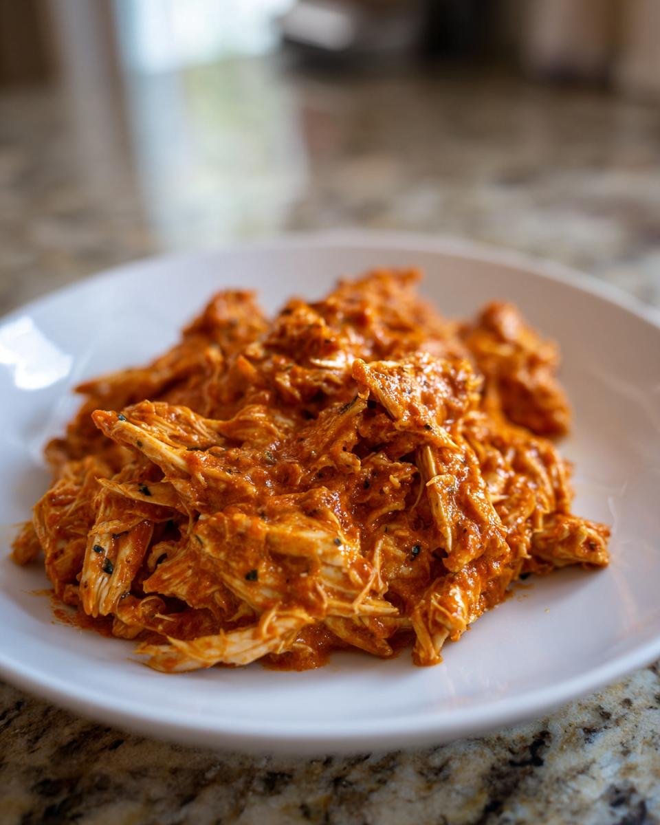 A close-up of shredded chicken coated in a rich, creamy tomato basil sauce on a white plate.