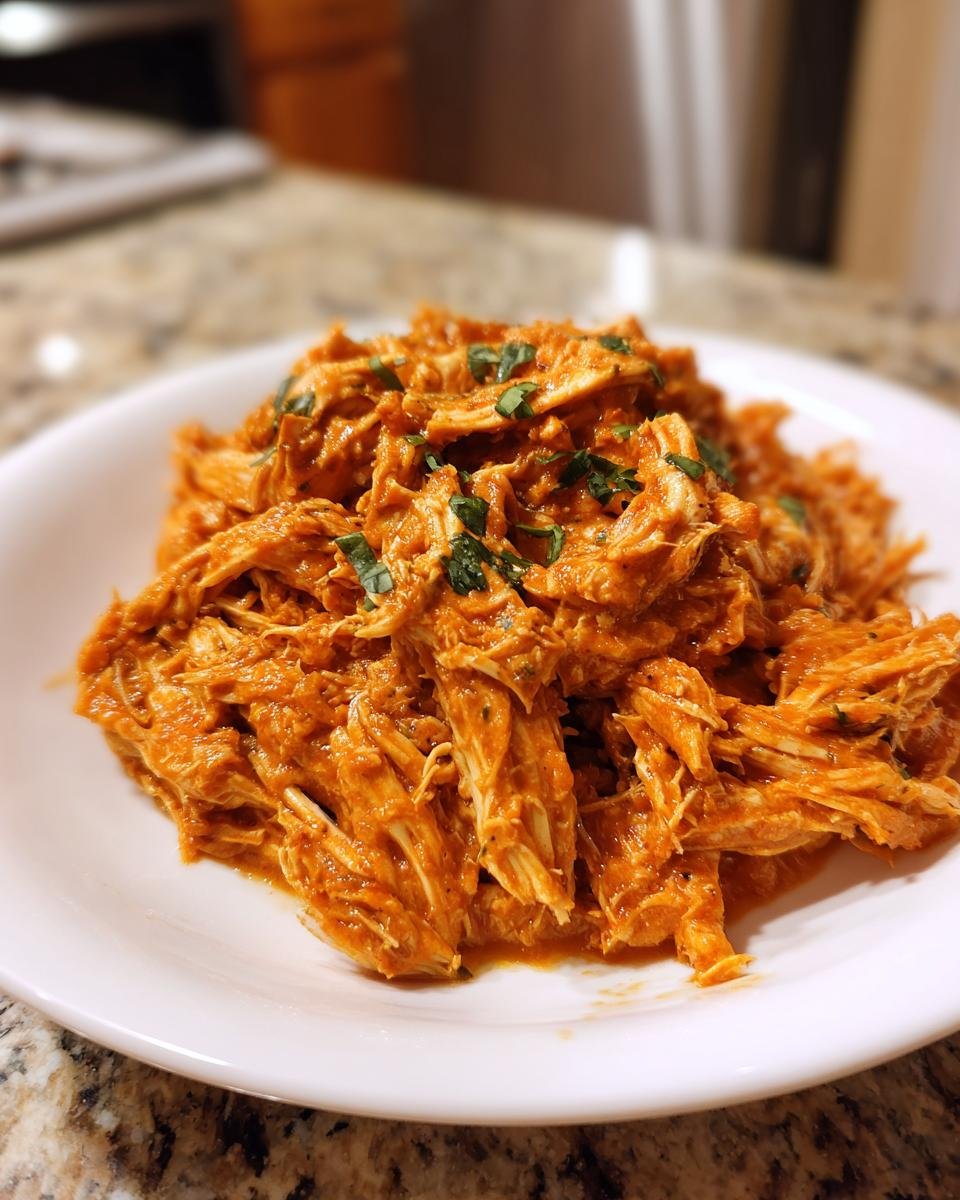 A white plate piled high with shredded Slow Cooker Creamy Tomato Basil Chicken, garnished with fresh basil.