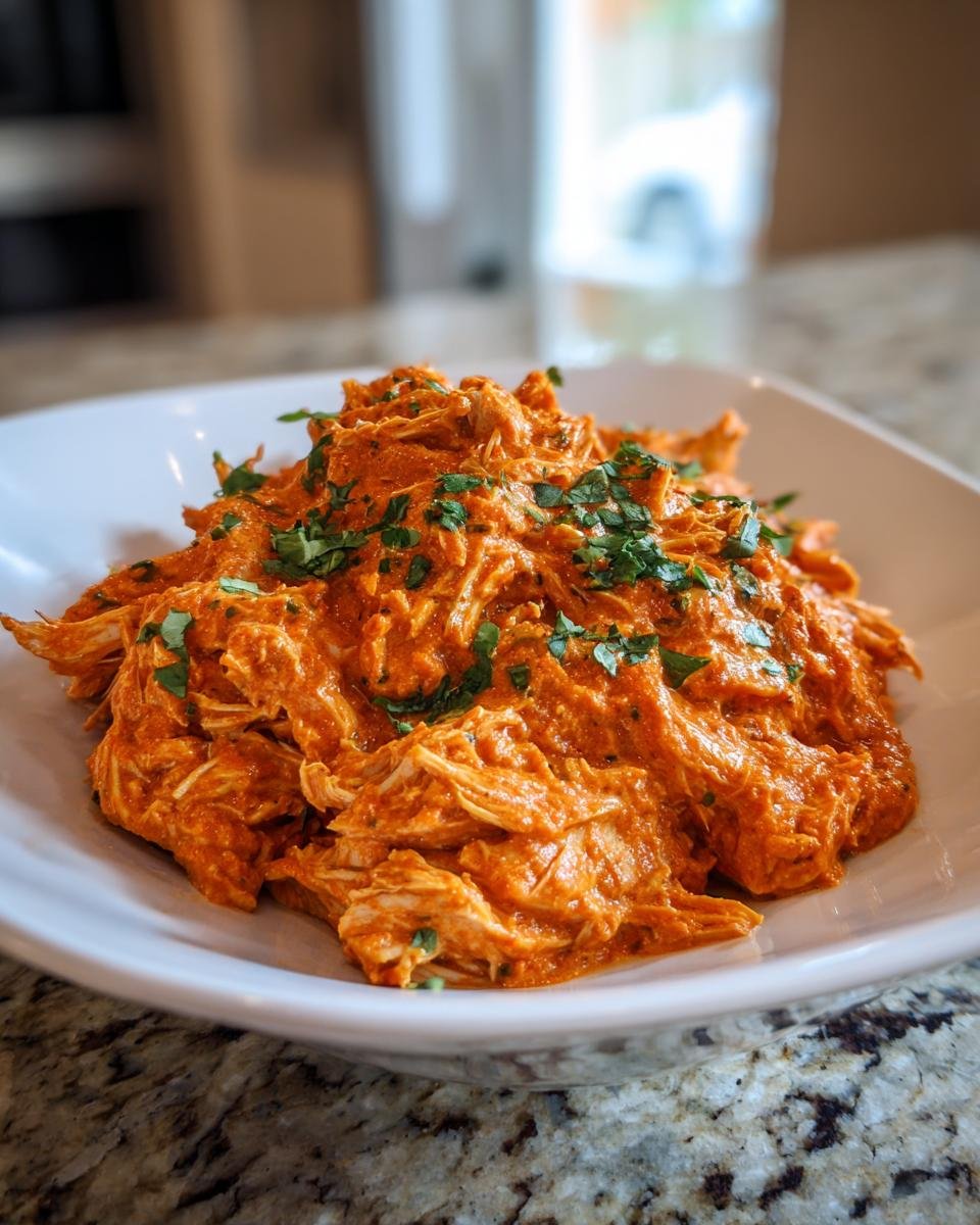 Shredded chicken coated in a rich, creamy tomato basil sauce, garnished with fresh herbs.