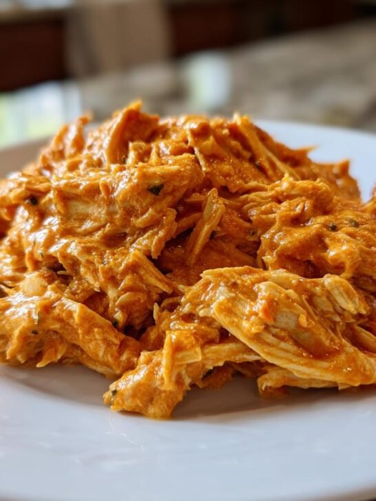 A serving of shredded Slow Cooker Creamy Tomato Basil Chicken coated in a rich, orange-red sauce on a white plate.