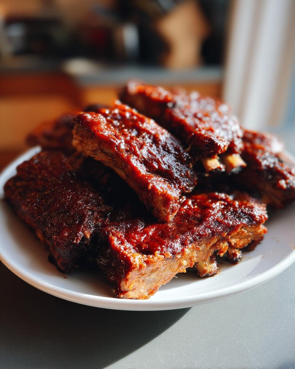 A close-up of several tender Slow Cooker Dr Pepper Ribs coated in a thick, glossy barbecue sauce, piled on a white plate.