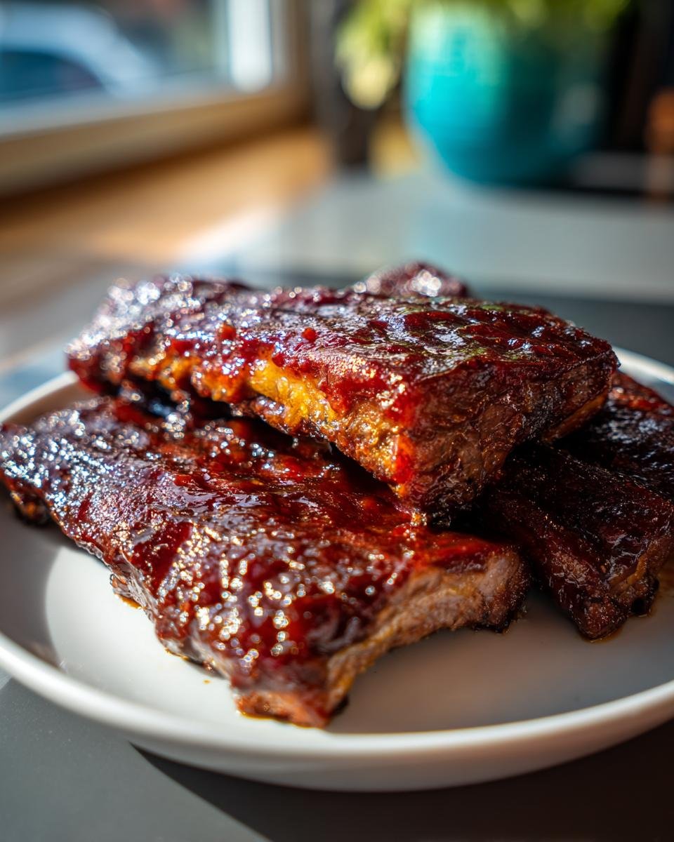Close-up of tender Slow Cooker Dr Pepper Ribs heavily coated in a shiny, dark barbecue glaze.