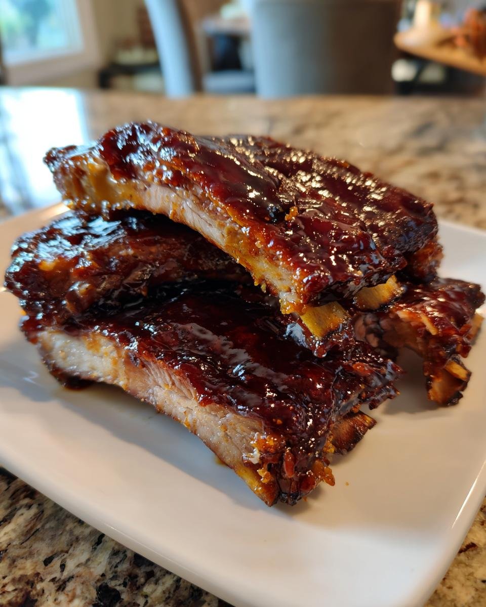 Close-up of tender Slow Cooker Dr Pepper Ribs heavily coated in thick, glossy barbecue sauce.