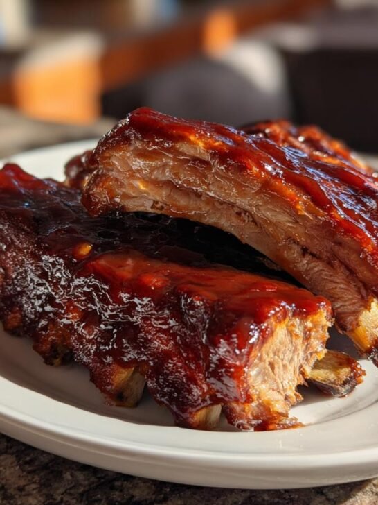 Close-up of tender Slow Cooker Dr Pepper Ribs heavily coated in glossy BBQ sauce on a white plate.