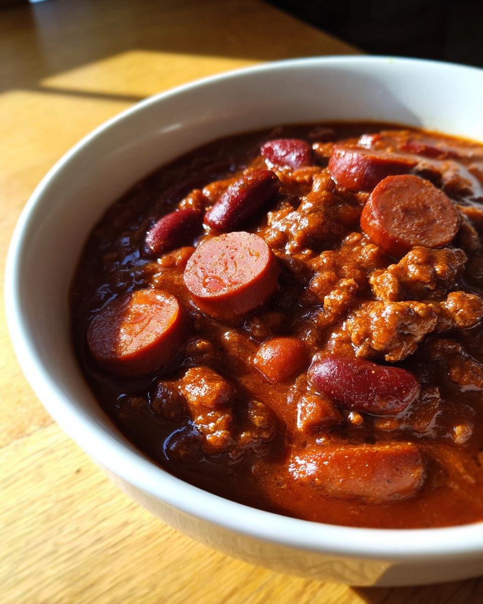 Close-up of a white bowl filled with rich Slow Cooker Hot Dog Chili, featuring ground meat, kidney beans, and sliced hot dogs.