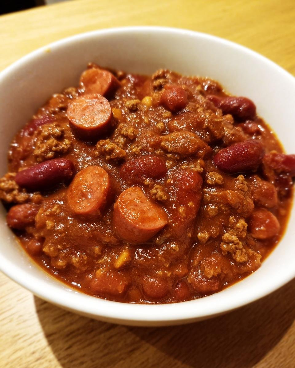 Close-up of a white bowl filled with rich Slow Cooker Hot Dog Chili featuring ground meat, kidney beans, and sliced hot dogs.