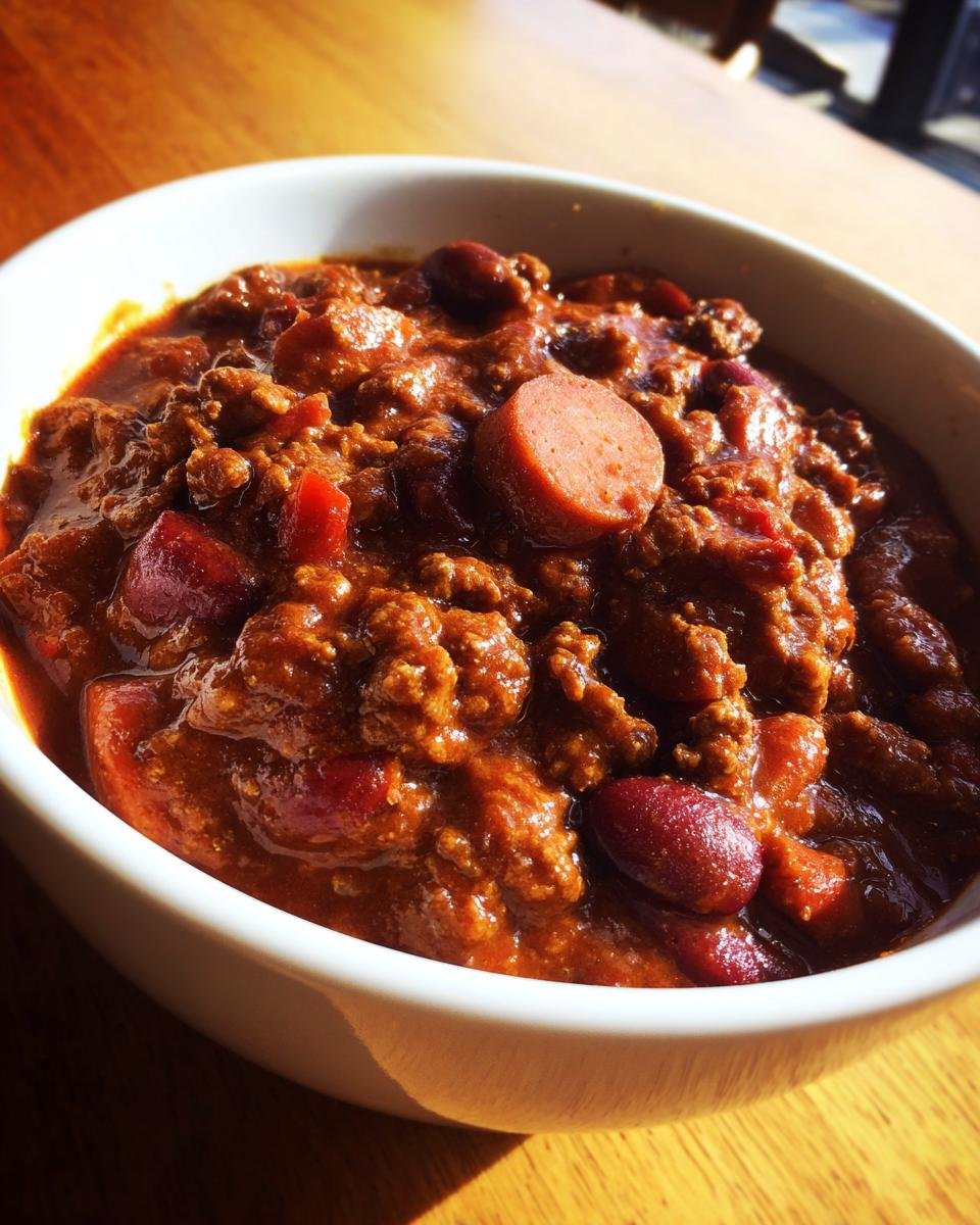 A close-up view of rich, thick Slow Cooker Hot Dog Chili featuring ground meat, kidney beans, and sliced hot dogs in a white bowl.