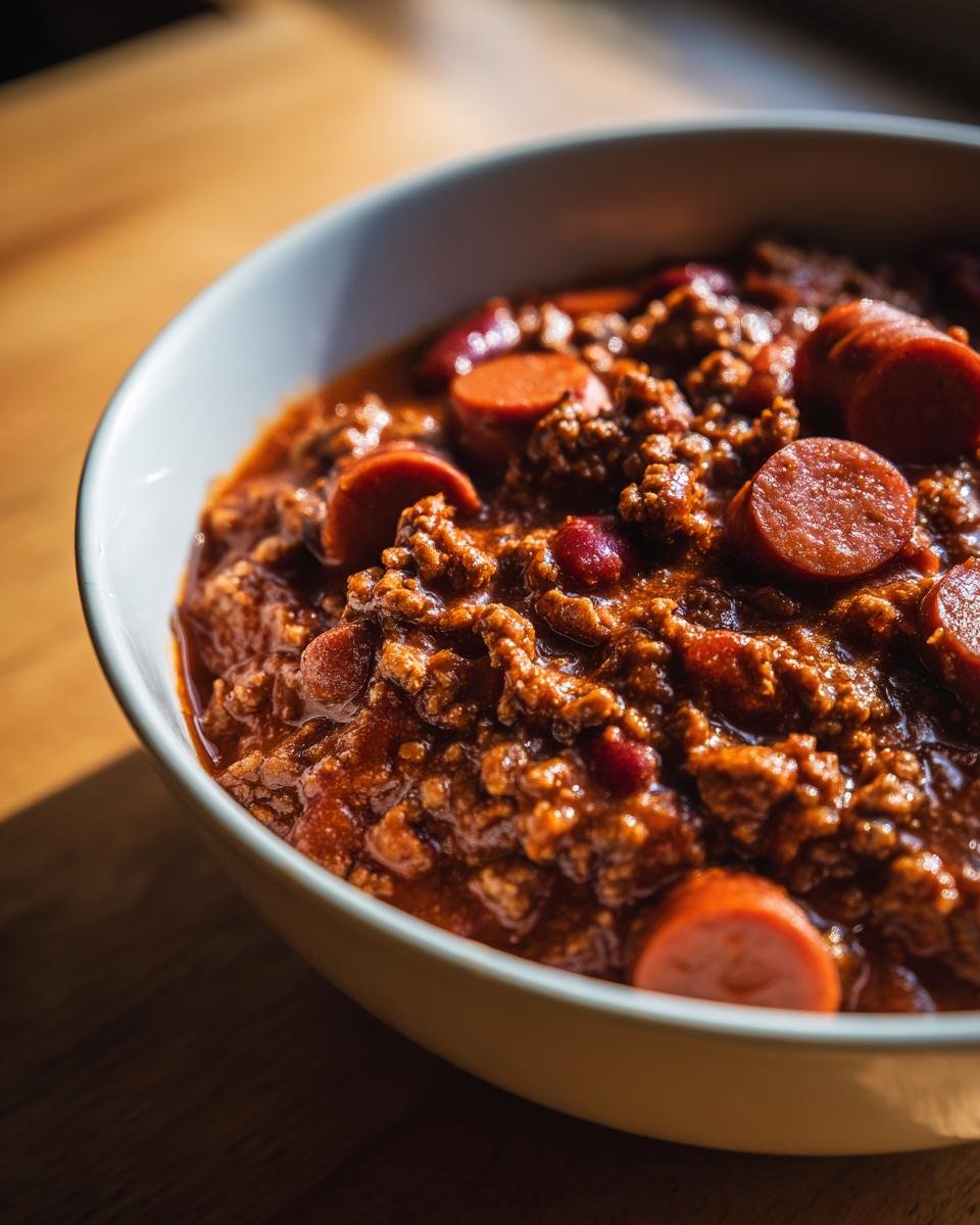Close-up of a bowl filled with rich Slow Cooker Hot Dog Chili, featuring ground meat, beans, and sliced hot dogs.