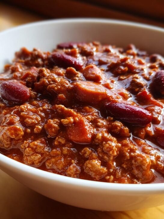 Close-up of rich, meaty Slow Cooker Hot Dog Chili with kidney beans served in a white bowl.