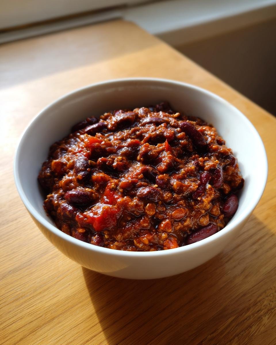 A close-up of a white bowl filled with rich, dark red Slow Cooker Lentil Taco Chili on a wooden surface.