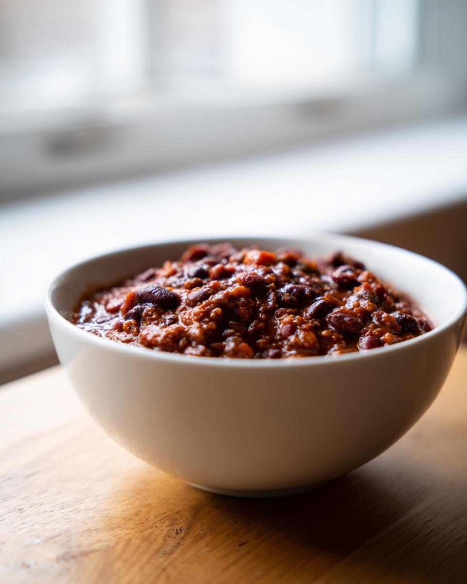A close-up of a white bowl filled with rich, dark red Slow Cooker Lentil Taco Chili, set on a wooden surface near a bright window.