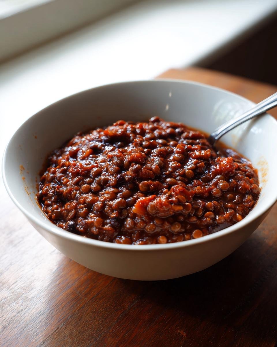 Close-up of a white bowl filled with rich, dark red Slow Cooker Lentil Taco Chili, resting on a wooden table.