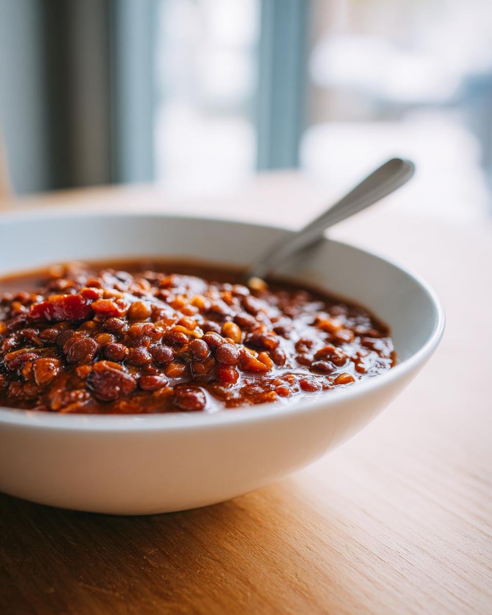 A close-up of a white bowl filled with rich, saucy Slow Cooker Lentil Taco Chili resting on a wooden table.