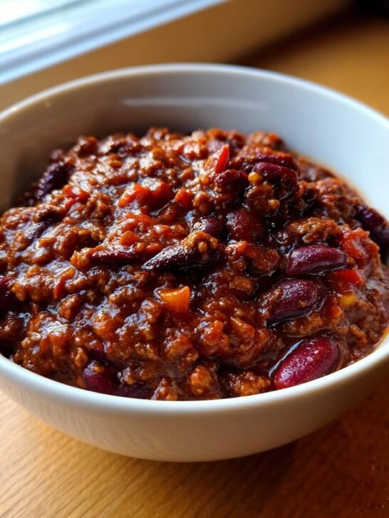 A white bowl filled with rich, dark red Slow Cooker Lentil Taco Chili featuring visible kidney beans.