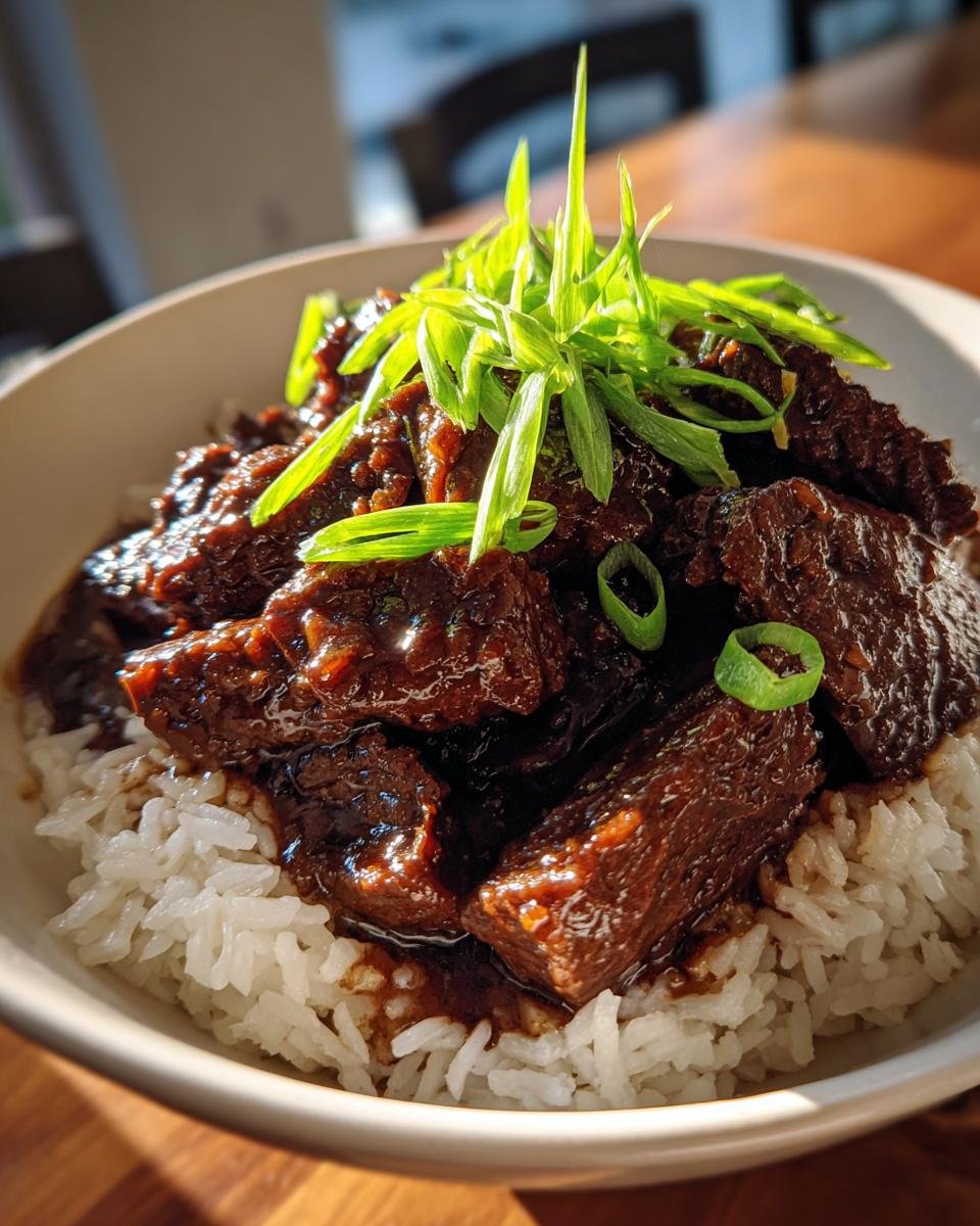 A bowl of rich Slow Cooker Mongolian Beef served over white rice and garnished with fresh green onions.