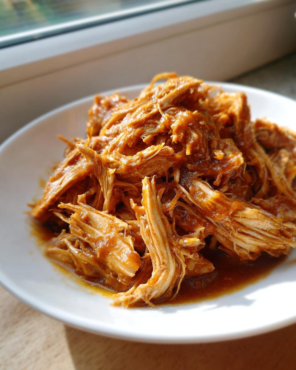Close-up of tender, shredded chicken coated in a rich sauce from the Slow Cooker Peanut Chicken Recipe.