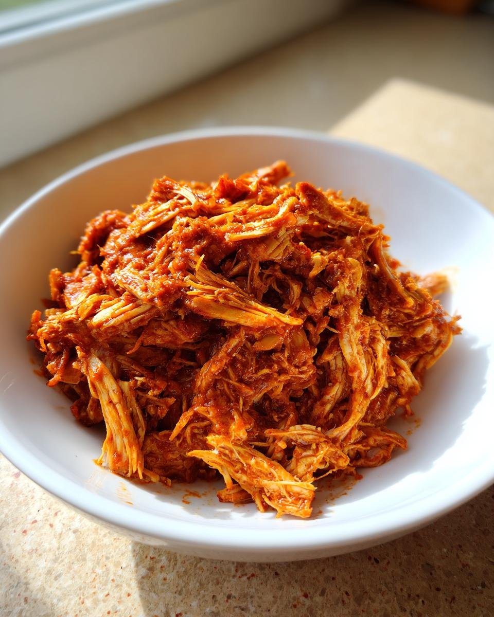 A white bowl filled with richly seasoned Slow Cooker Shredded Mexican Chicken, ready to serve.