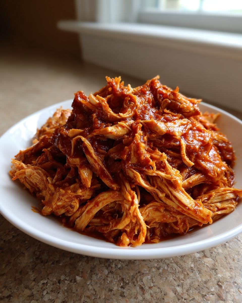 A close-up of a white bowl filled with saucy, shredded Slow Cooker Shredded Mexican Chicken.