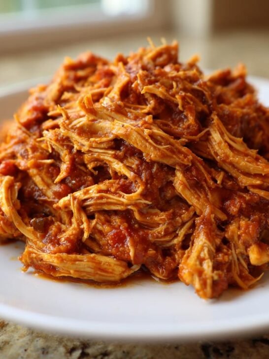 A close-up of saucy, shredded chicken coated in rich red sauce, perfect for Slow Cooker Shredded Mexican Chicken.