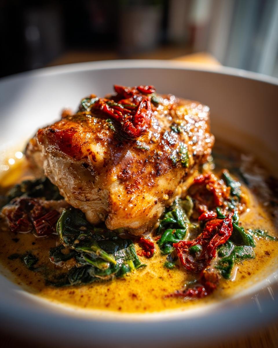 Close-up of a perfectly cooked chicken thigh served over spinach and sun-dried tomatoes in a creamy sauce for Slow Cooker Tuscan Chicken Thighs Recipe.