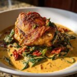 A close-up of crispy Slow Cooker Tuscan Chicken Thighs served over spinach and sun-dried tomatoes in a rich, creamy sauce.