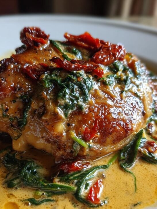 Close-up of a perfectly cooked chicken thigh in creamy sauce with spinach and sun-dried tomatoes for Slow Cooker Tuscan Chicken Thighs Recipe.