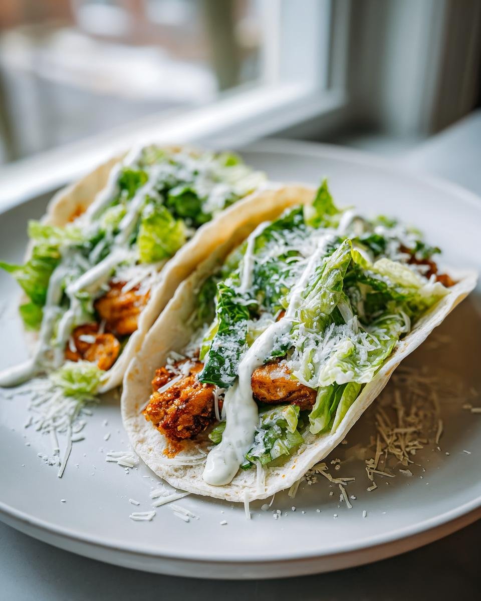 Two Smash Chicken Caesar Tacos filled with crispy chicken, romaine lettuce, Caesar dressing, and grated Parmesan cheese.