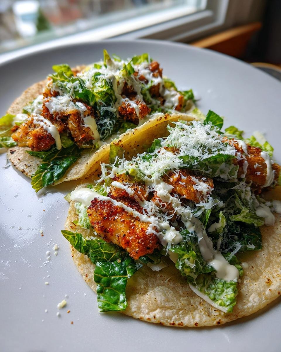 Close-up of two Smash Chicken Caesar Tacos filled with crispy chicken, romaine lettuce, Caesar dressing, and grated Parmesan.
