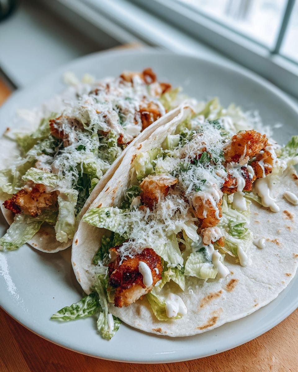 Two Smash Chicken Caesar Tacos filled with crispy chicken, romaine lettuce, Caesar dressing, and grated Parmesan cheese.