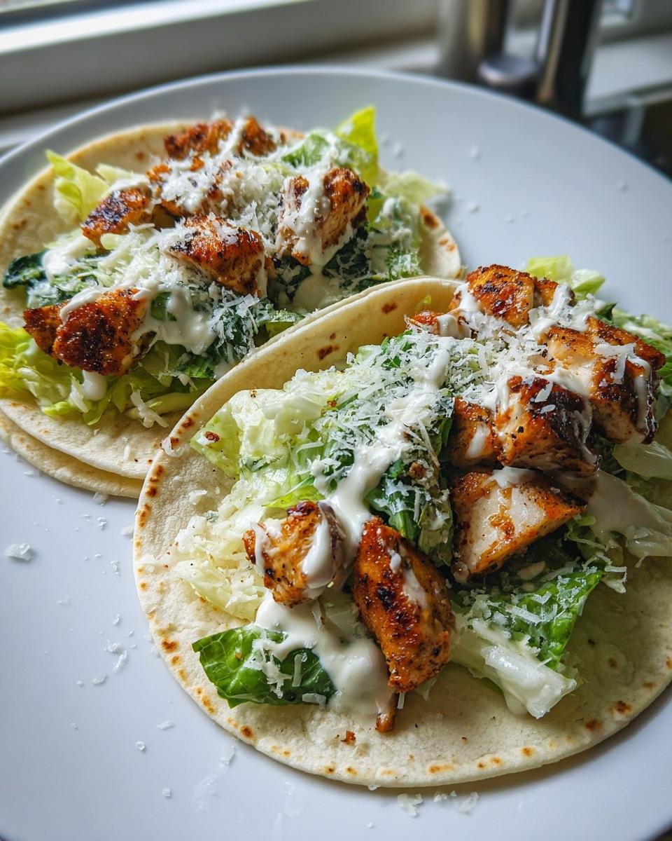 Close-up of two Smash Chicken Caesar Tacos filled with grilled chicken, romaine lettuce, Caesar dressing, and Parmesan cheese.