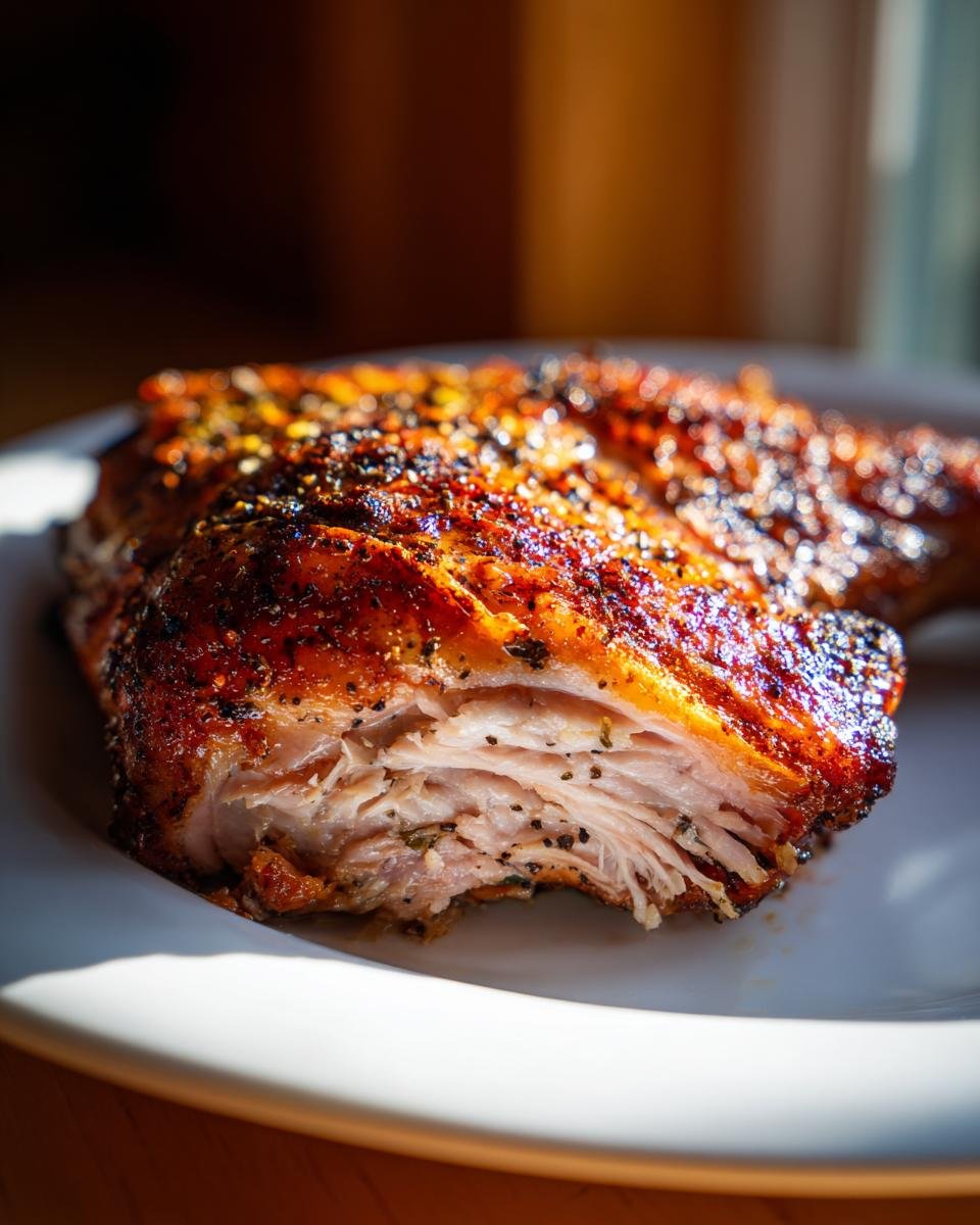 Close-up of juicy Smoked Garlic Lemon Pepper Chicken showing moist, shredded interior meat and seasoned skin.