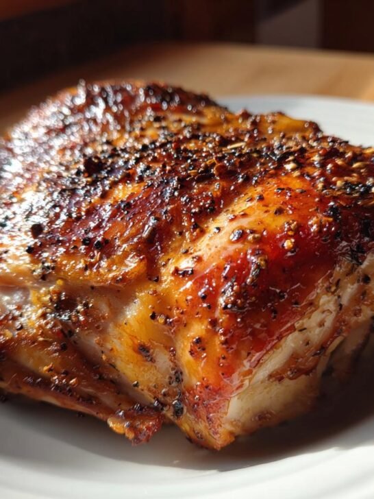 Close-up of a perfectly cooked Smoked Garlic Lemon Pepper Chicken piece with crispy, seasoned skin.