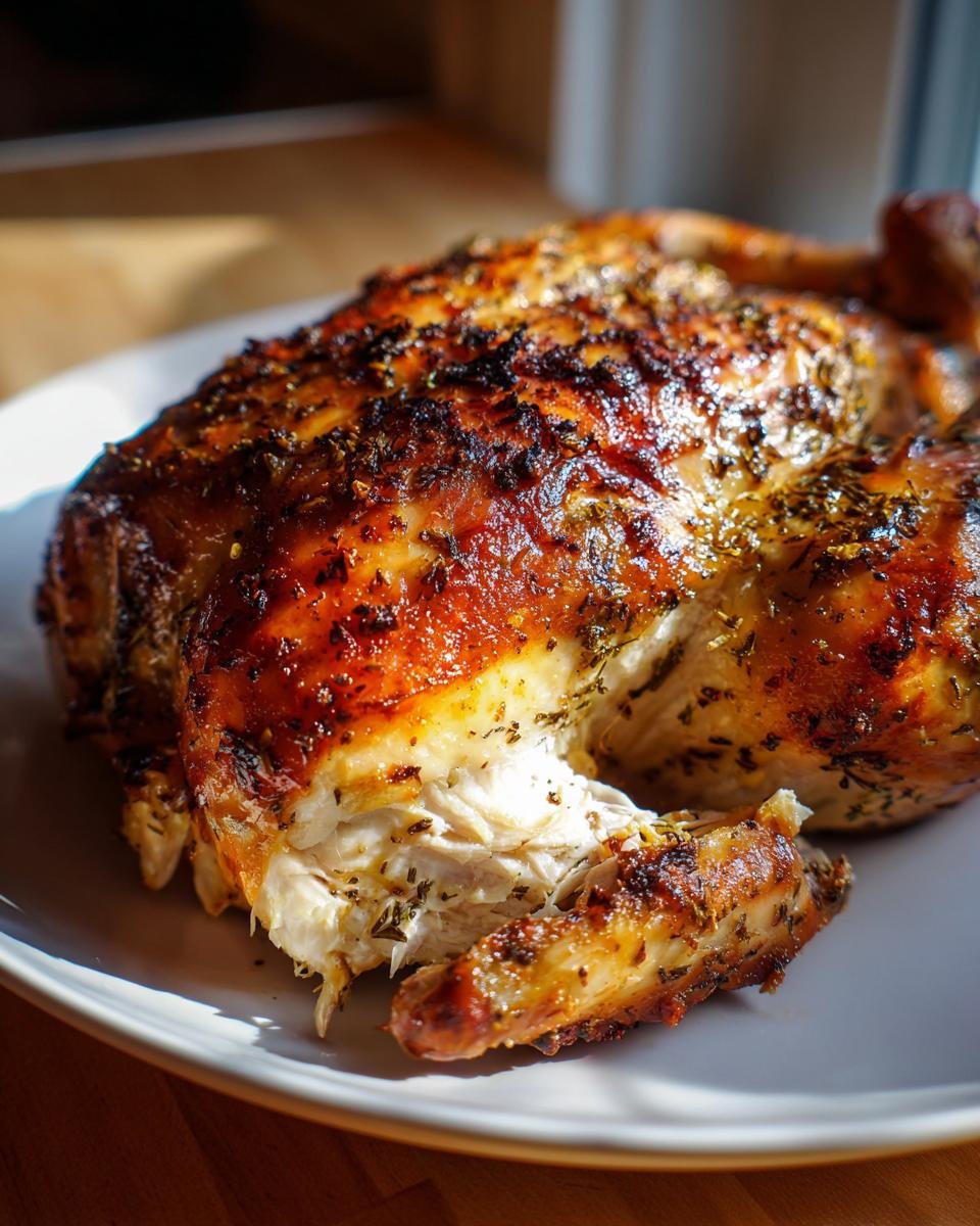 A whole roasted chicken with crispy, seasoned skin, showing juicy white meat pulled away from the bone, seasoned with Smoked Garlic Lemon Pepper Chicken rub.