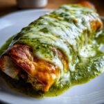 Close-up of a Smothered Green Chile Chicken Burrito covered in melted white cheese and vibrant green sauce.