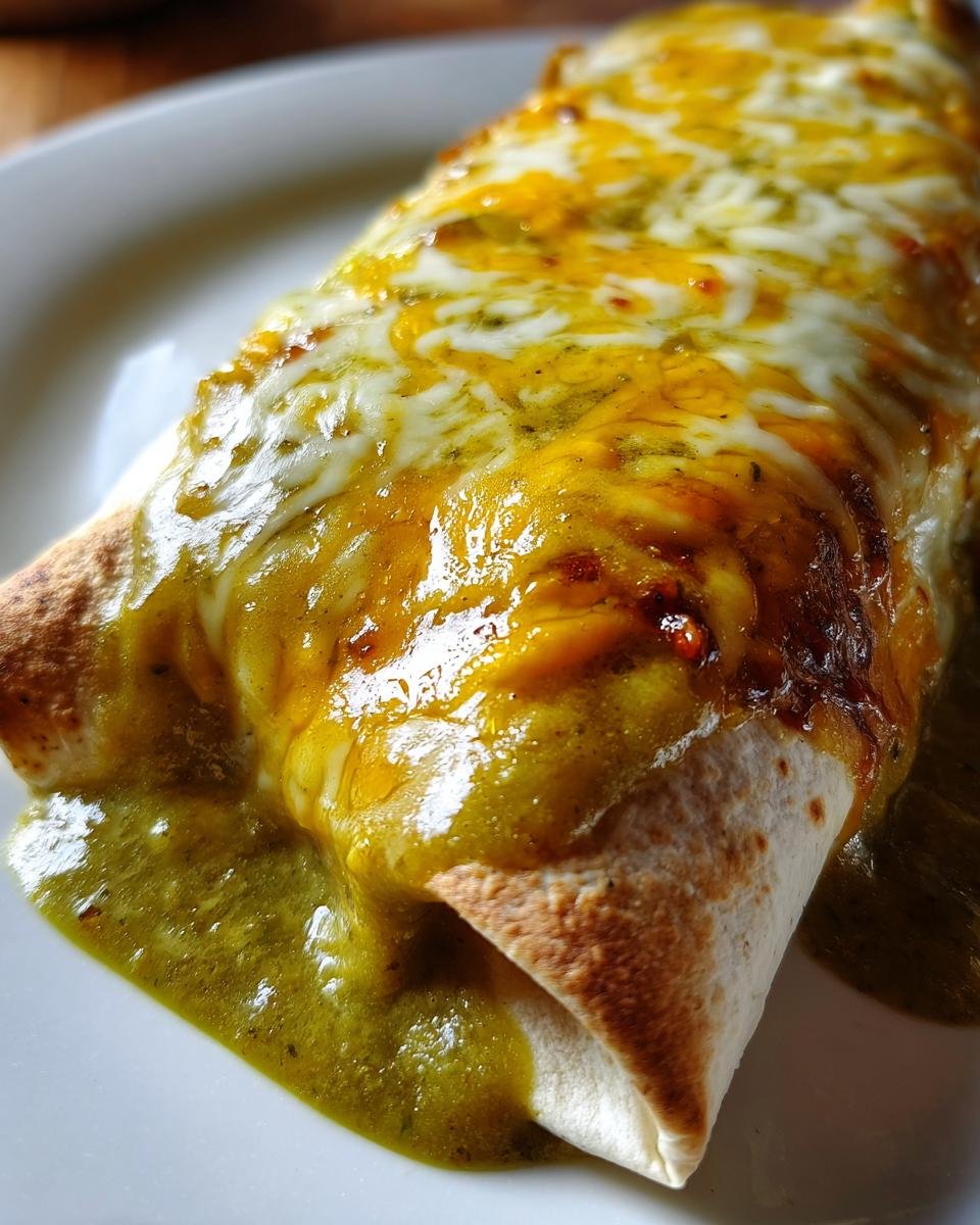 A close-up shot of a Smothered Green Chile Chicken Burrito covered in melted cheese and green chile sauce.